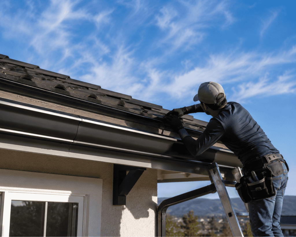 Professional roofer installing gutter on residential roof under blue sky.