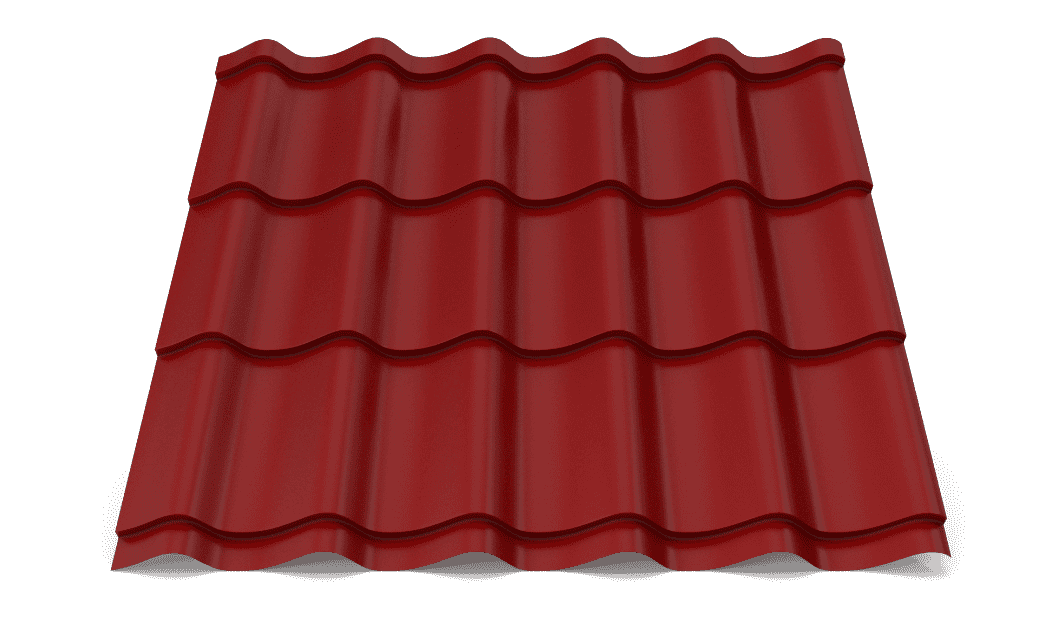Red metal roof tile with wavy design for durable roofing solutions.