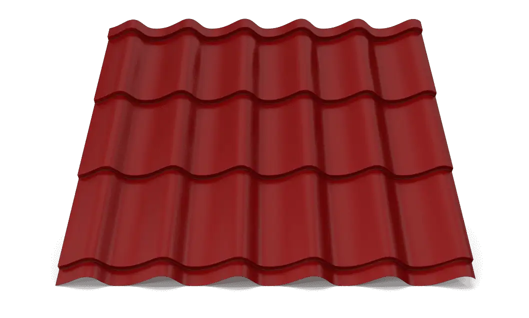 Red metal roof tile with wavy design for durable roofing solutions.