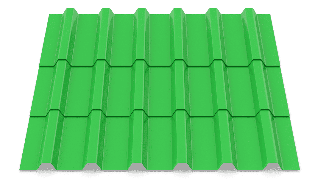 Green metal roofing panel with corrugated design for durability.