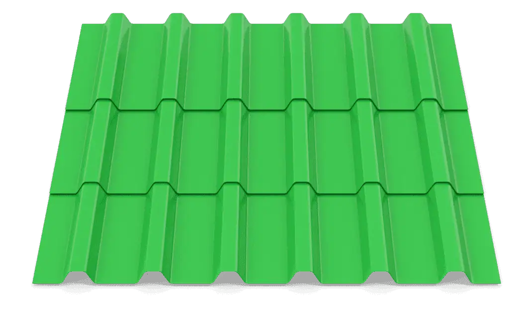 Green metal roofing panel with corrugated design for durability.