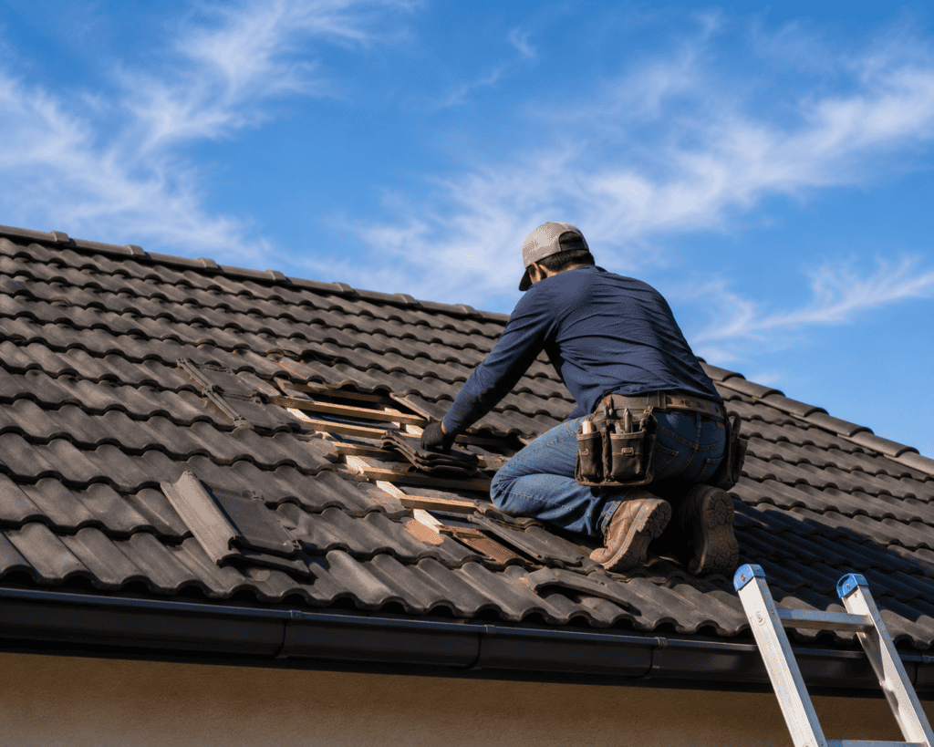 Roofer repairing damaged roof tiles on residential home.
